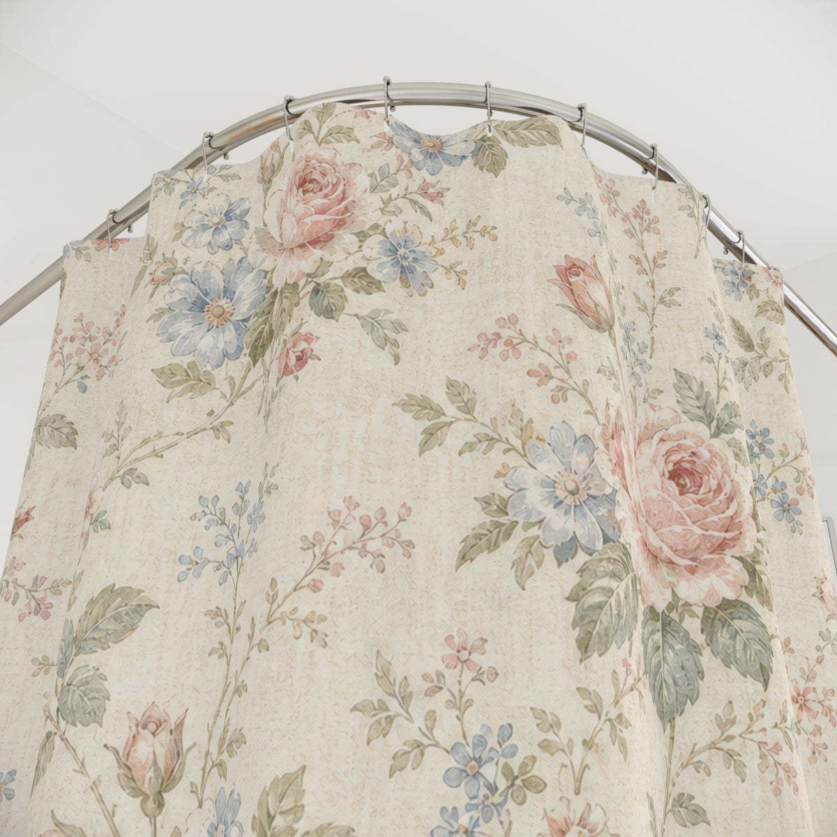 Pink Blue Floral vintage rose shower curtain with close-up print, hooks, and folds