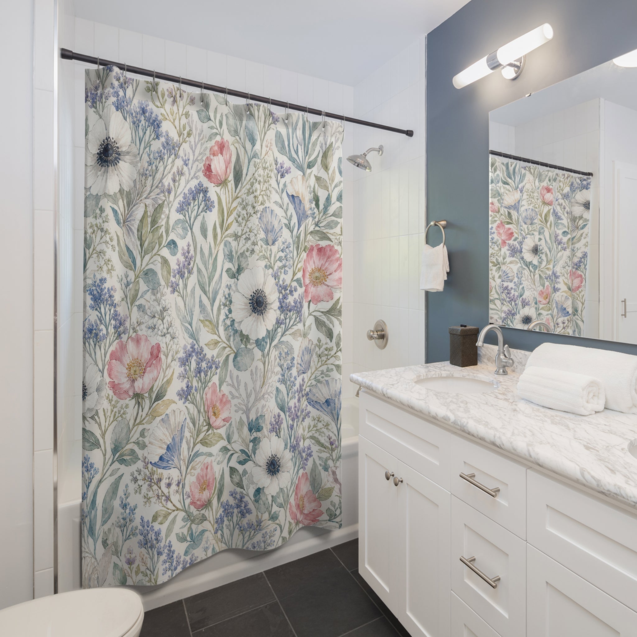Pink Blue Meadow Flowers Shower Curtain