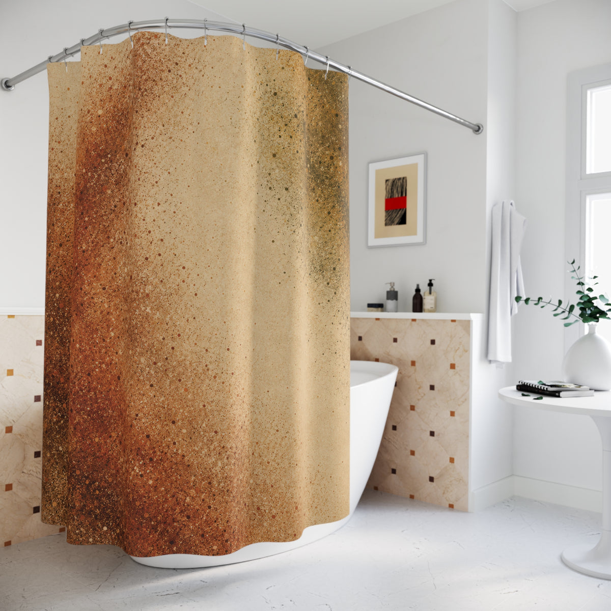 Rust and olive stippled clouds on warm sand shower curtain beside a freestanding tub