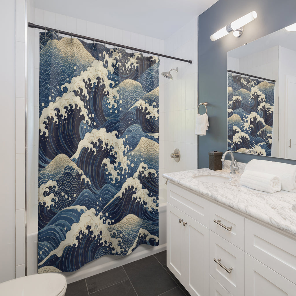 Japanese Wave Shower Curtain: Indigo Blue Ocean