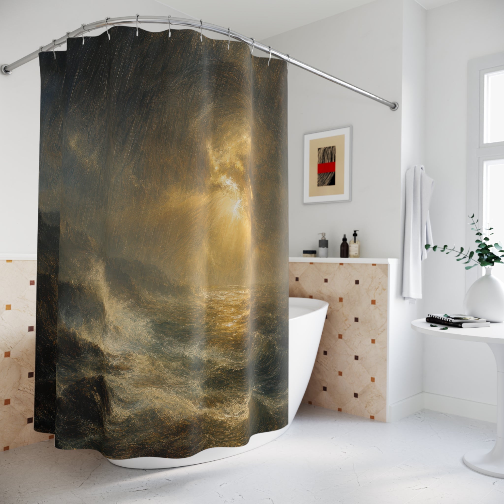 Golden Coastal Storm Print Shower Curtain