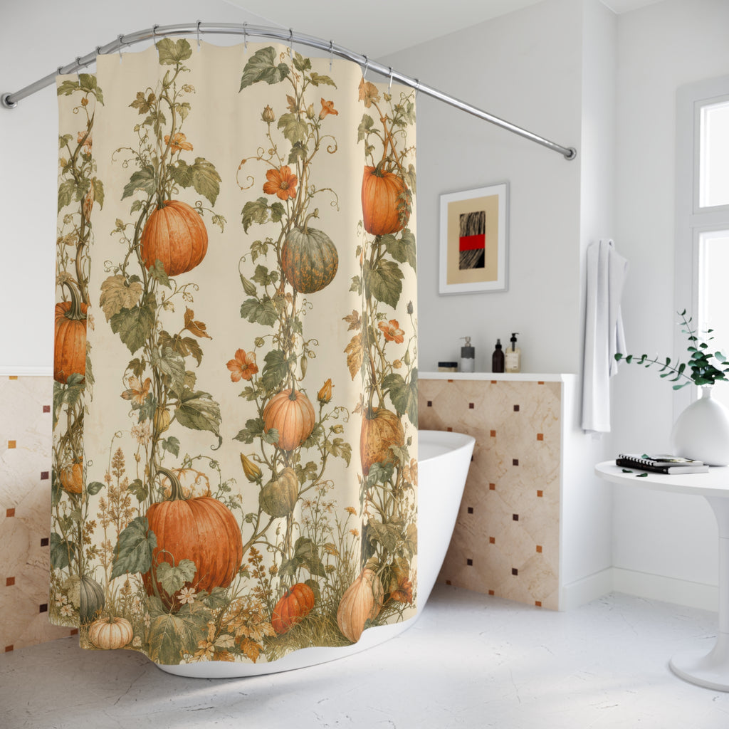 Orange pumpkin vines and meadow flowers shower curtain beside a freestanding tub