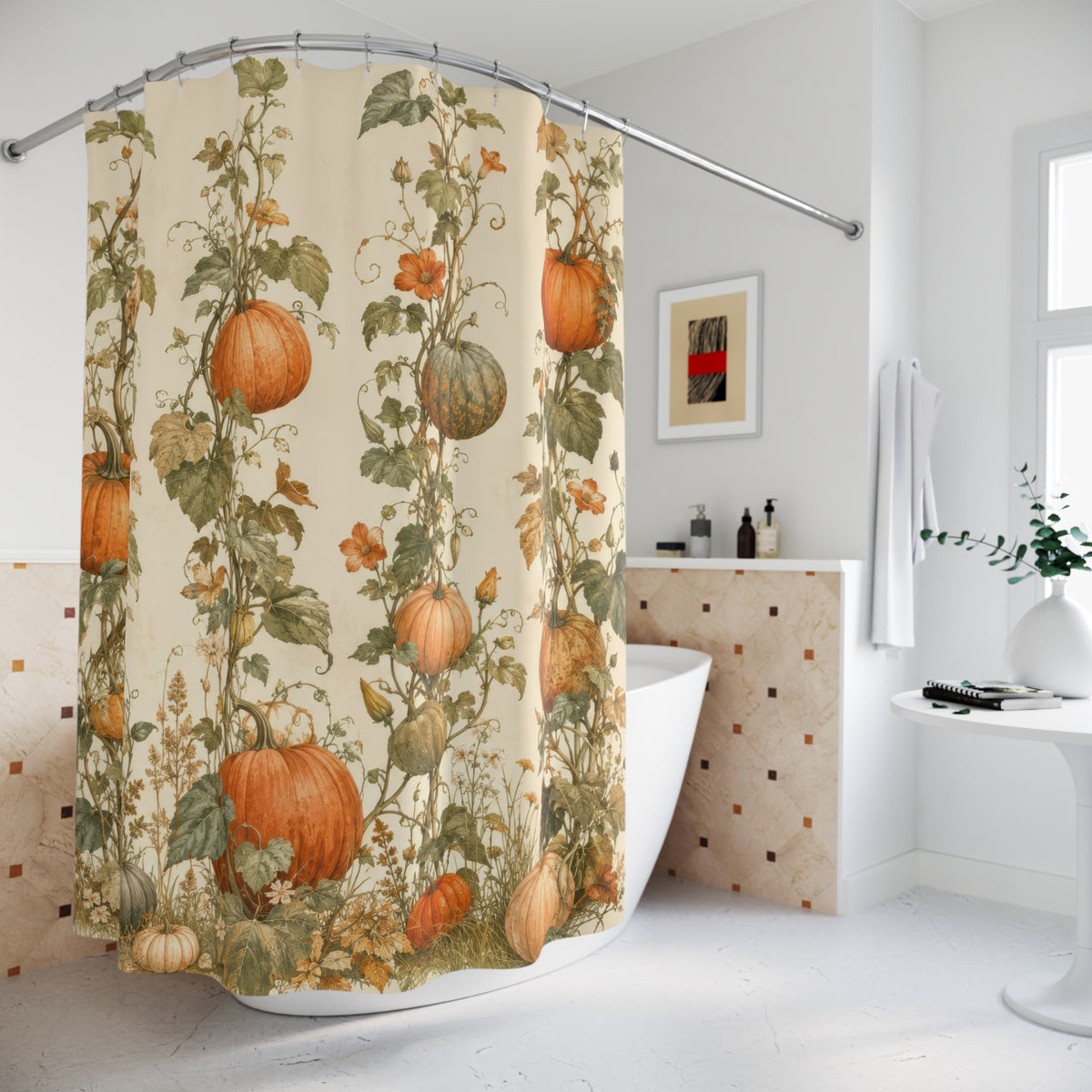 Orange pumpkin vines and meadow flowers shower curtain beside a freestanding tub