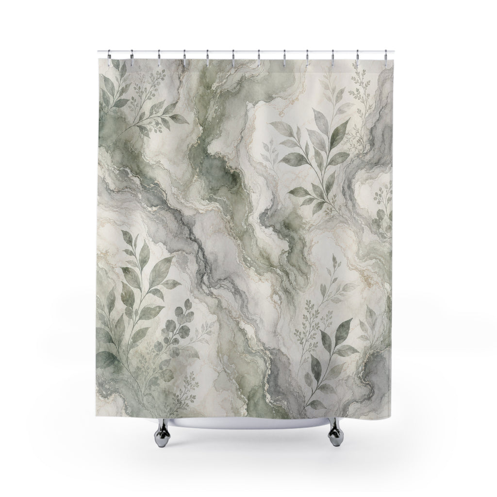 Green Marble Botanical Shower Curtain, Green Grey Modern Bathroom Decor, Botanical Marble Bath Curtain, Guest Bath Decor, Home Decor