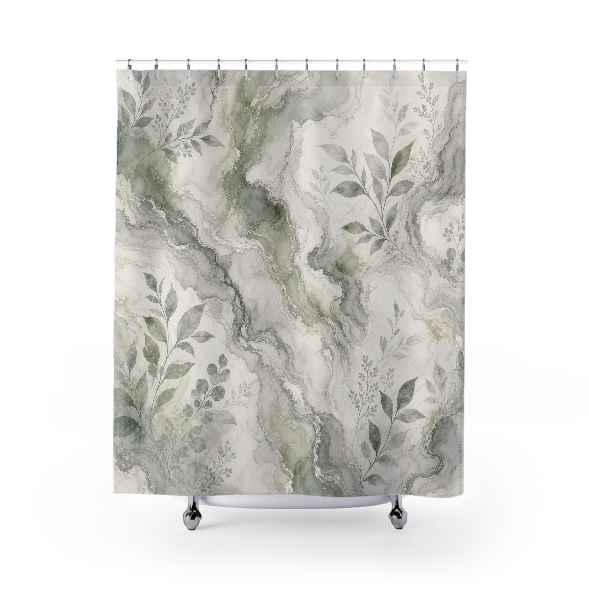 Green Marble Botanical Shower Curtain, Green Grey Modern Bathroom Decor, Botanical Marble Bath Curtain, Guest Bath Decor, Home Decor