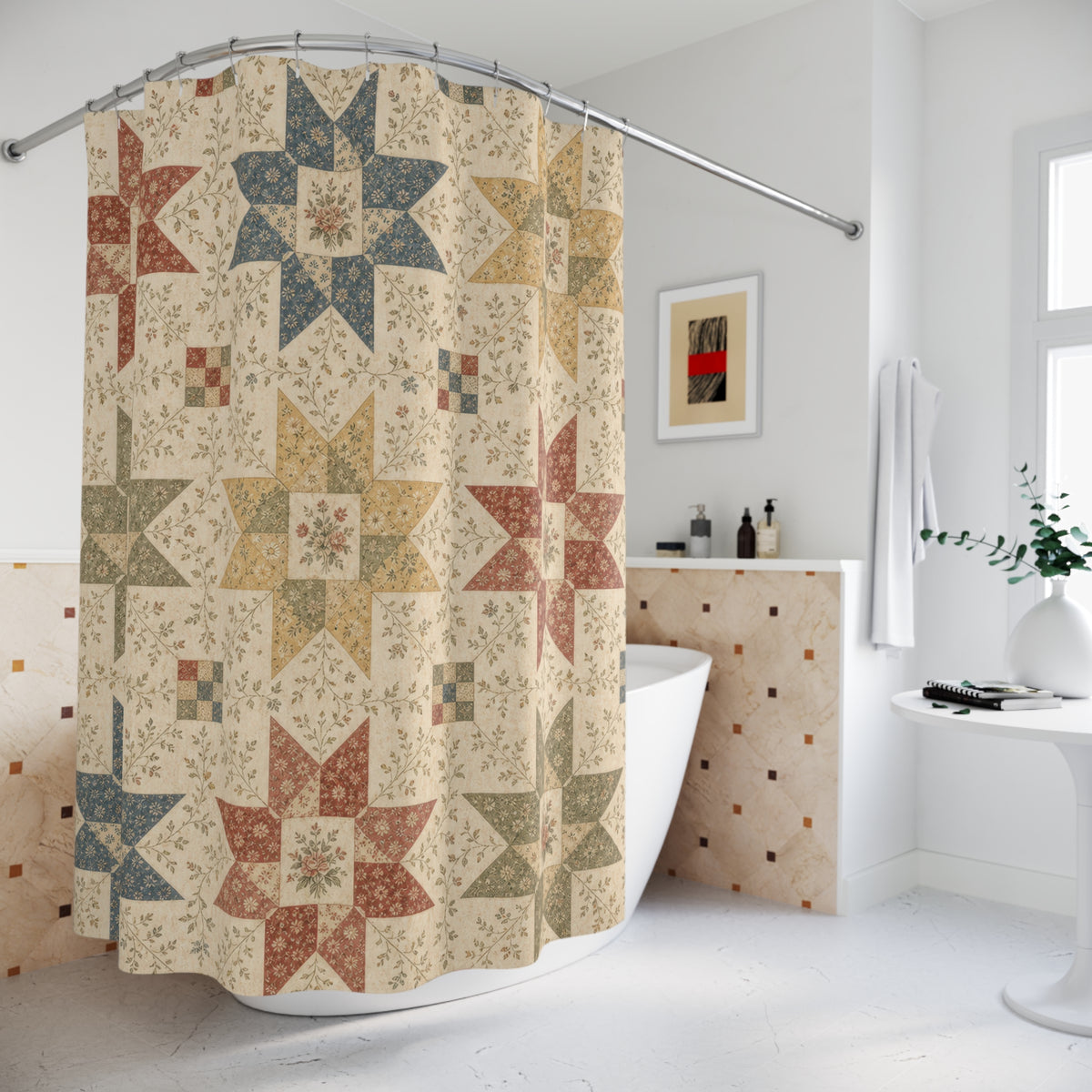 Vintage Quilt Star farmhouse calico shower curtain beside a freestanding tub