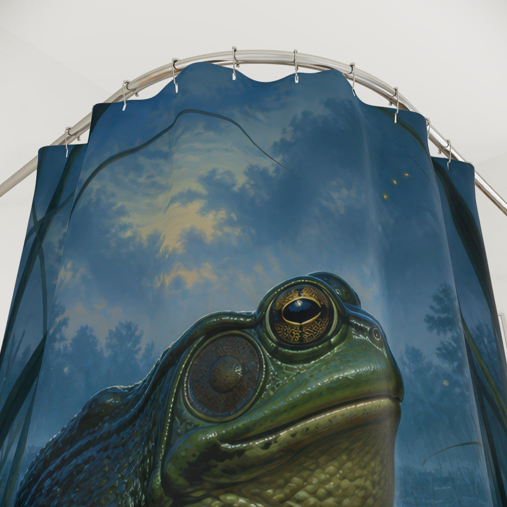 Bullfrog resting in a moonlit blue marsh shower curtain with close-up print, hooks, and folds