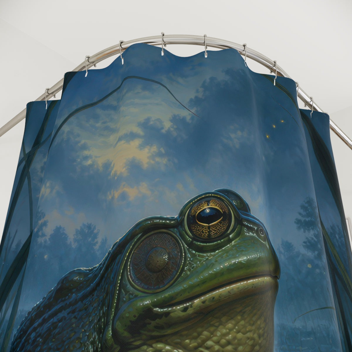 Bullfrog resting in a moonlit blue marsh shower curtain with close-up print, hooks, and folds
