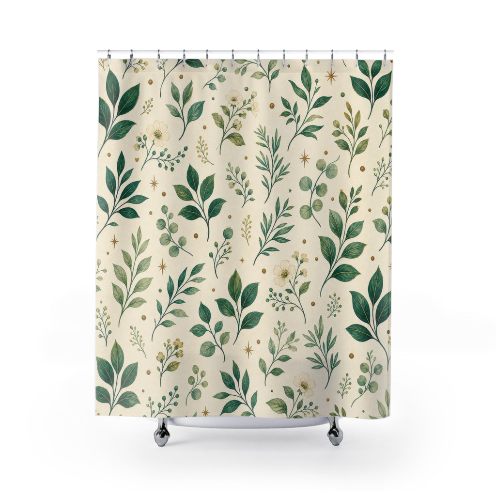 White Floral Botanical Emerald Green Shower Curtain