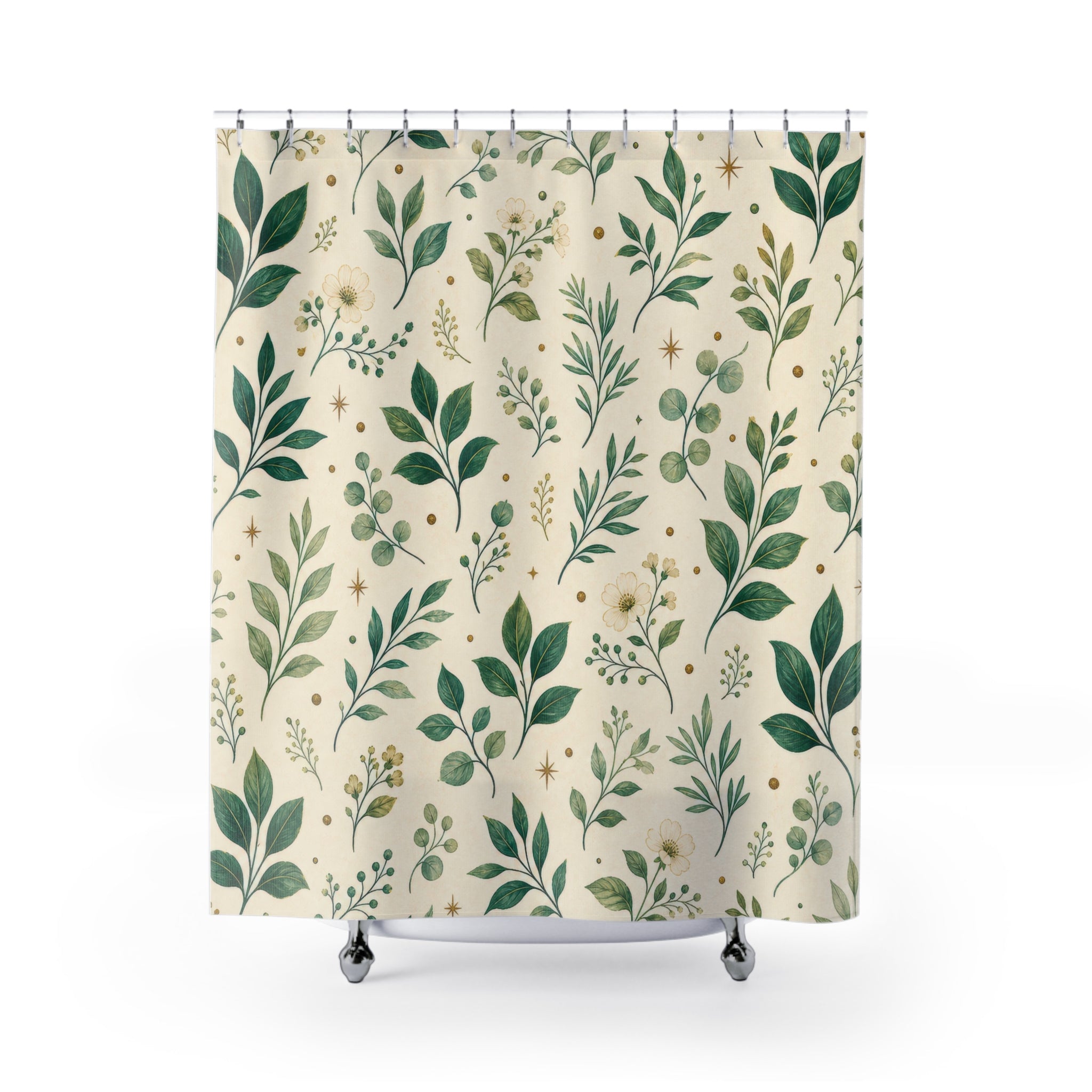 White Floral Botanical Emerald Green Shower Curtain