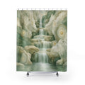 Luminous waterfall descending through layered sage mineral cliffs shower curtain with full front view
