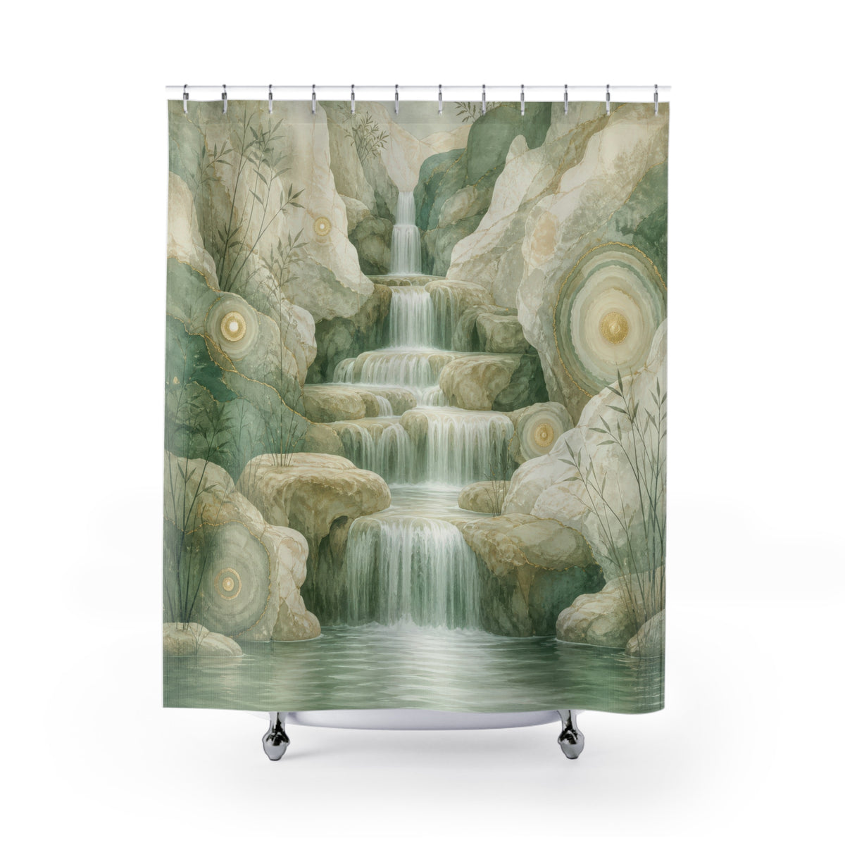 Luminous waterfall descending through layered sage mineral cliffs shower curtain with full front view