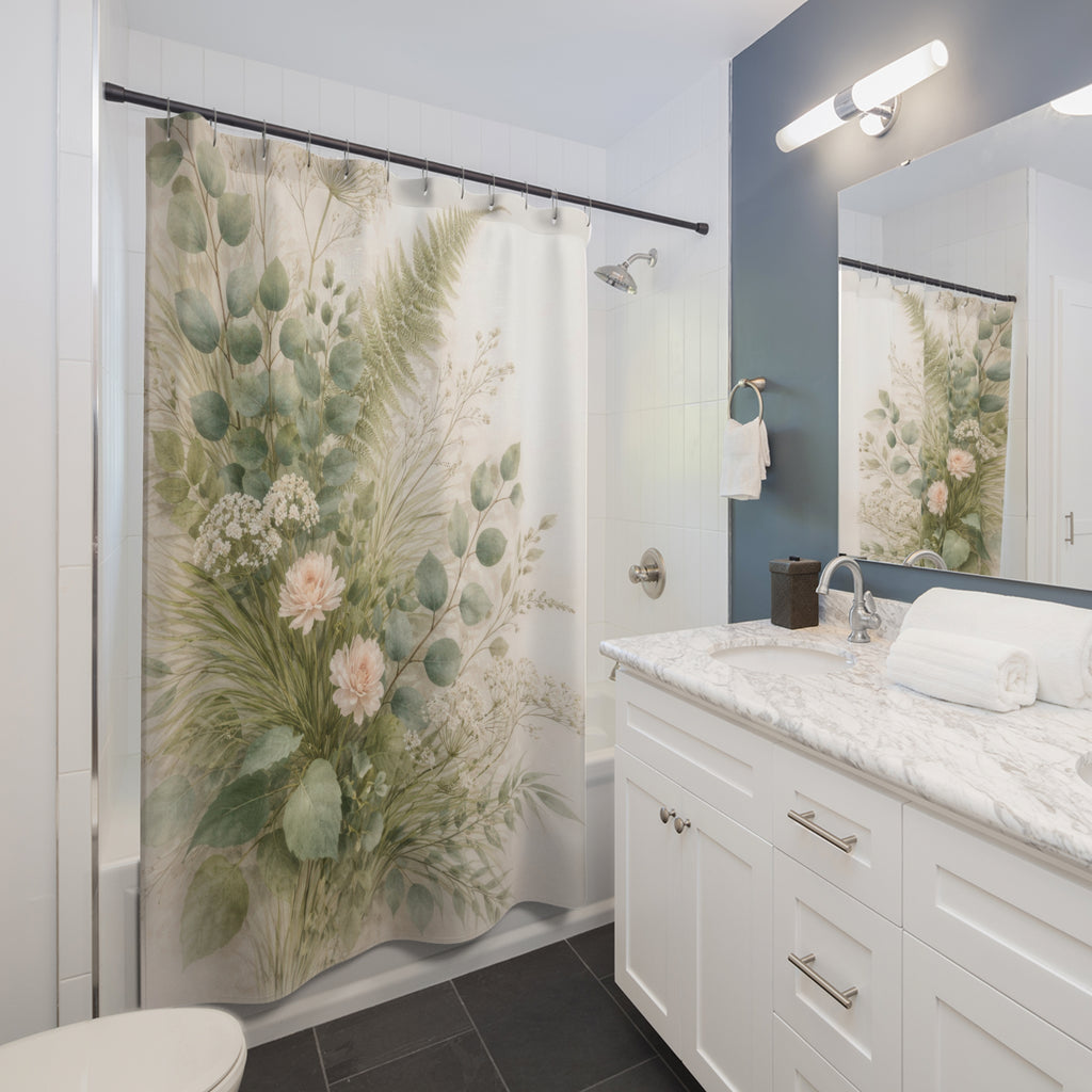 Botanical Rose Shower Curtain – Sage and Ivory