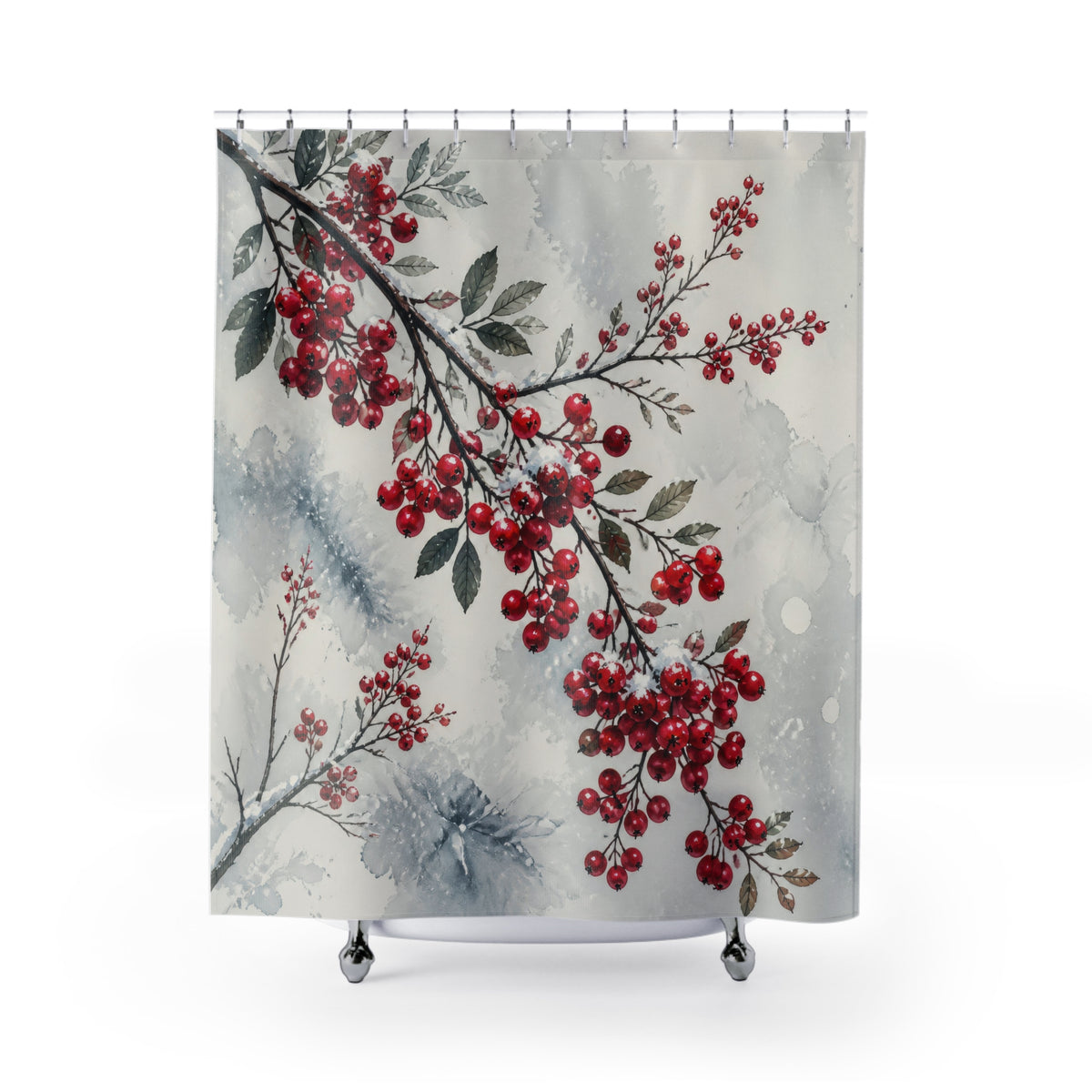Snowy red winter berry branches in watercolor shower curtain with full front view