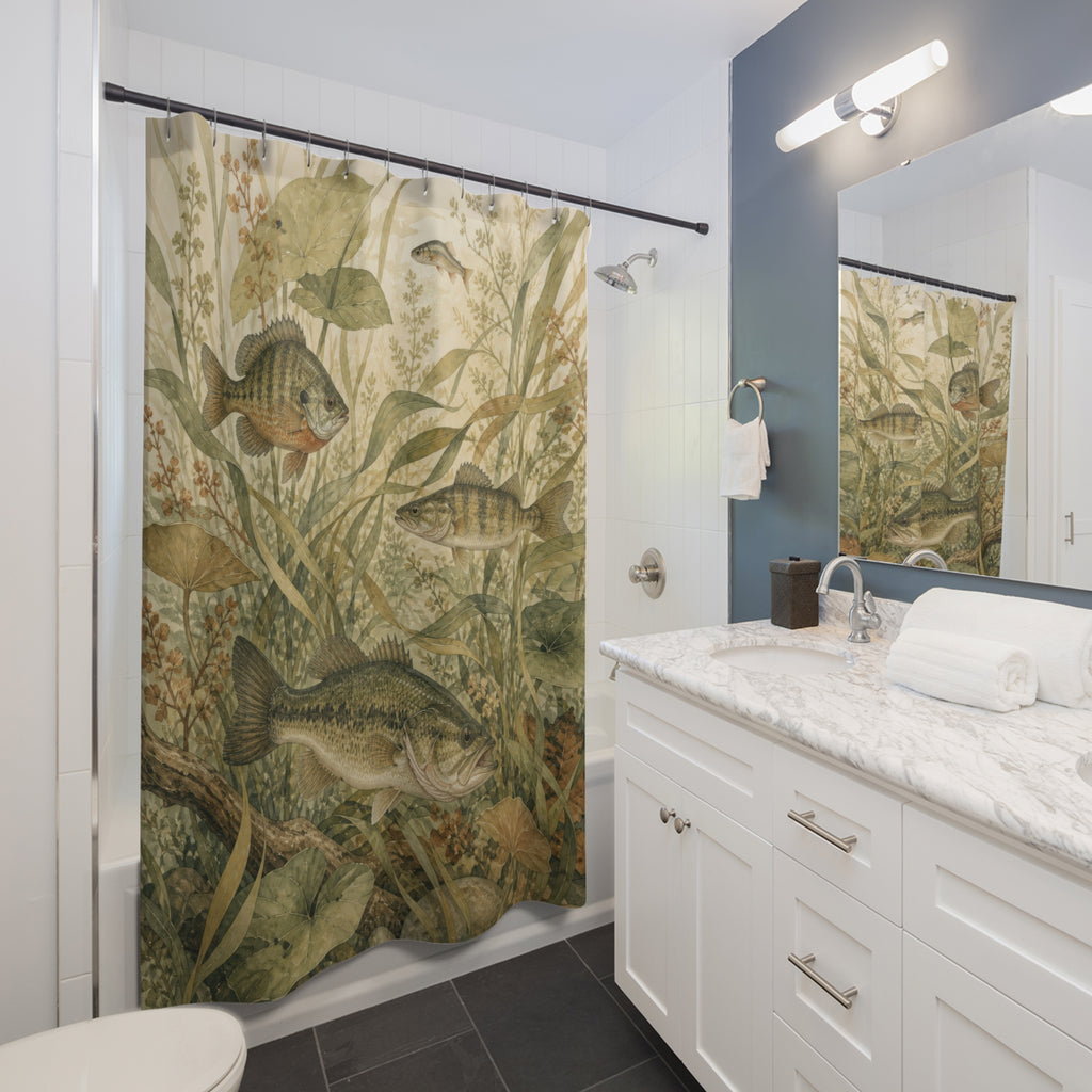 Vintage freshwater fish among sage river grasses and lily leaves shower curtain beside a white vanity