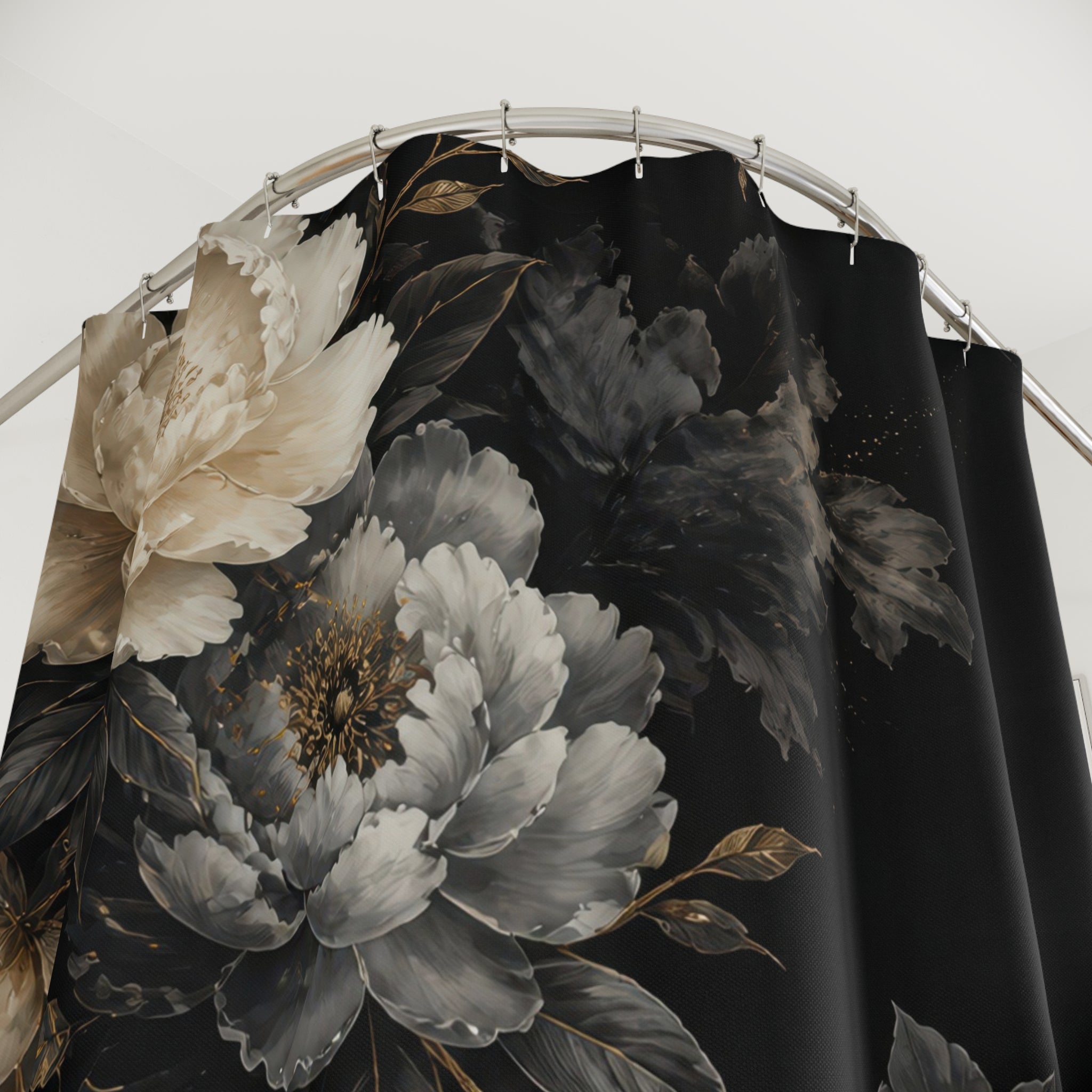 Close-up of Ivory and smoky grey peonies cascading diagonally on black shower curtain with hooks and folds