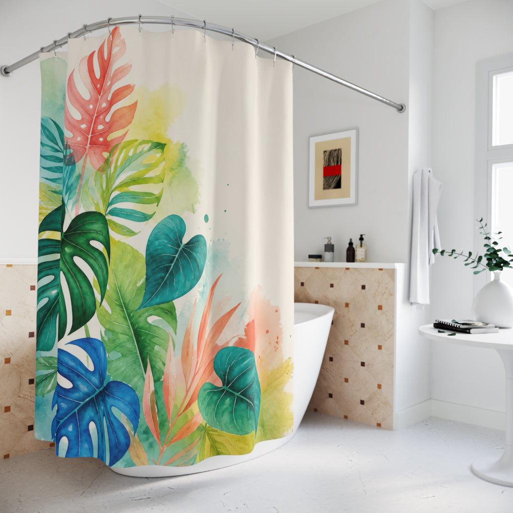 Tropical Watercolor Monstera Shower Curtain