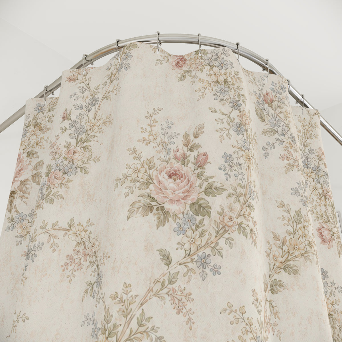 Pink Garland Lattice rose pattern shower curtain with close-up print, hooks, and folds