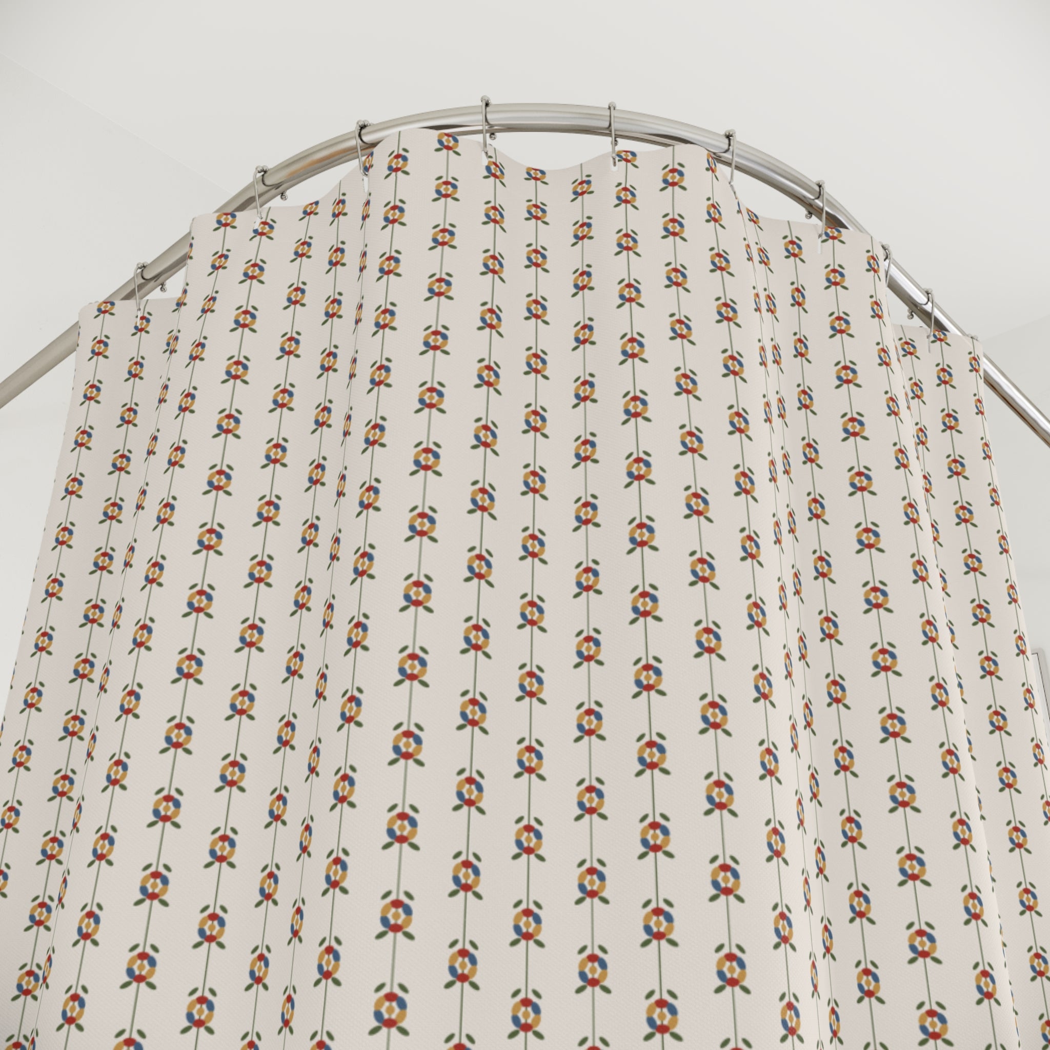 Folk Art Stacked Flower Shower Curtain – Red, Blue & Gold
