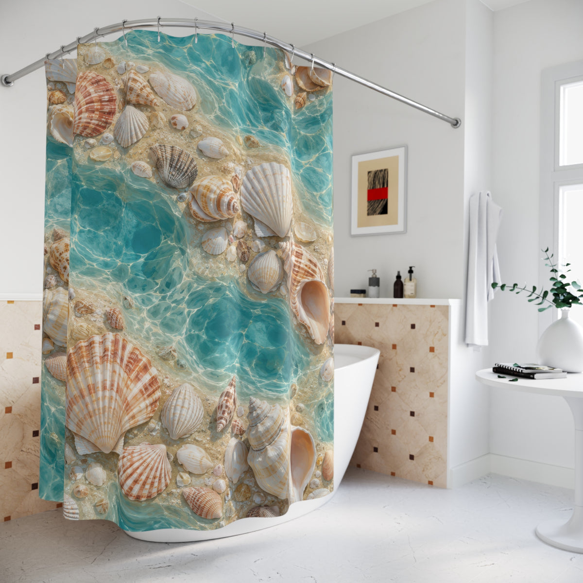 Ivory and apricot seashells around turquoise tide pools shower curtain beside a freestanding tub