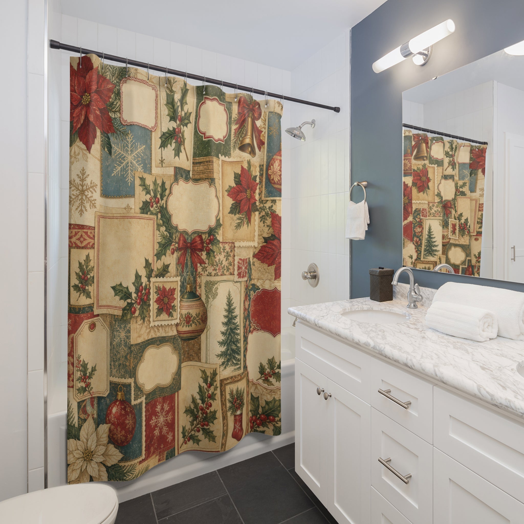 Vintage Label Poinsettia Shower Curtain