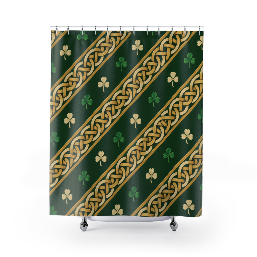 Gold-tone Celtic knots with green and ivory shamrocks shower curtain with full front view