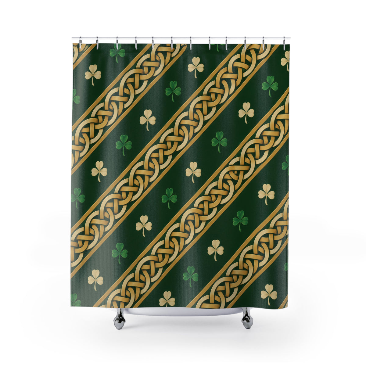 Gold-tone Celtic knots with green and ivory shamrocks shower curtain with full front view