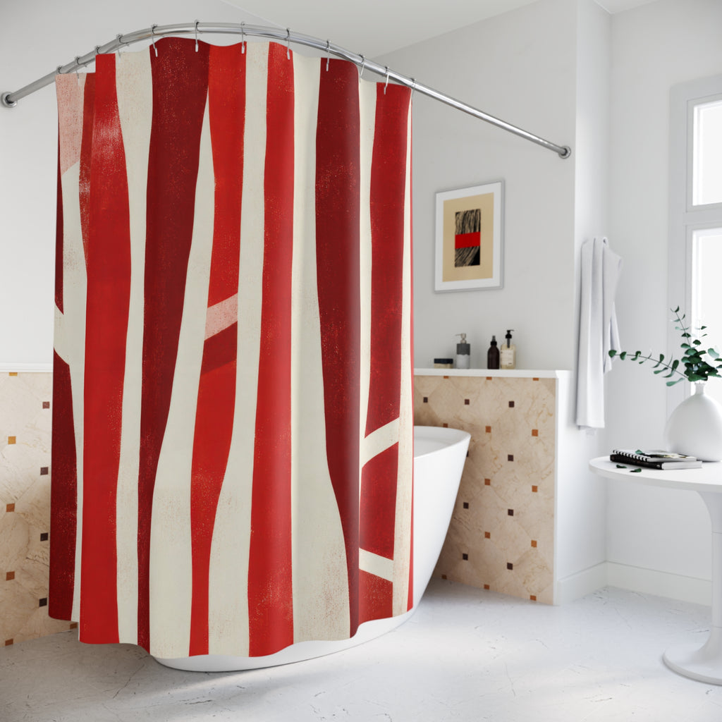 Red and White Striped Shower Curtain, Abstract Modern Stripe Bath Decor, Graphic Red White Art Curtain, Unusual Modern Guest Bathroom