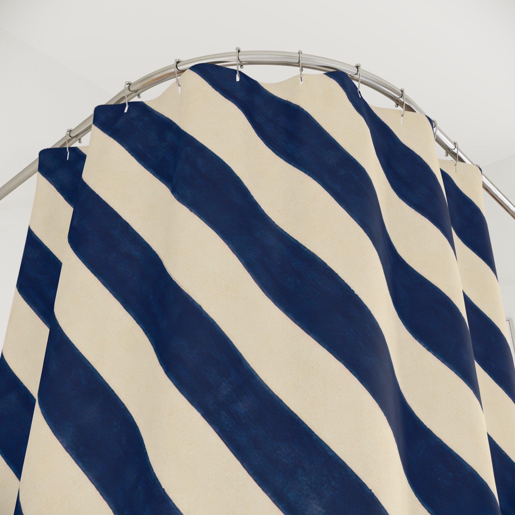 Navy Blue Cream Diagonal Stripe Shower Curtain