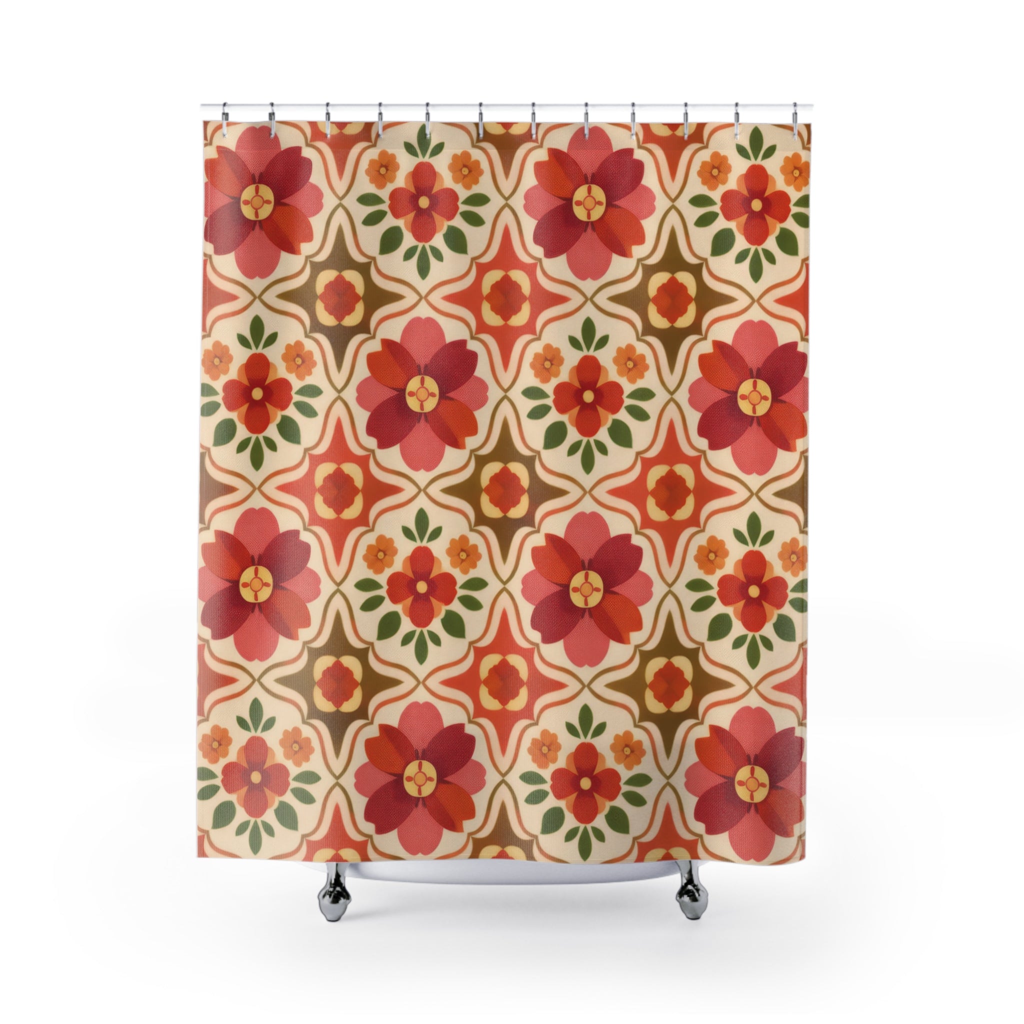 Retro Floral Tile Shower Curtain – Berry Pink & Coral