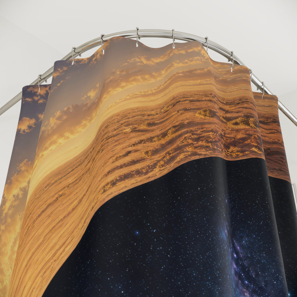 Golden cosmic portal above desert mesas shower curtain with close-up print, hooks, and folds
