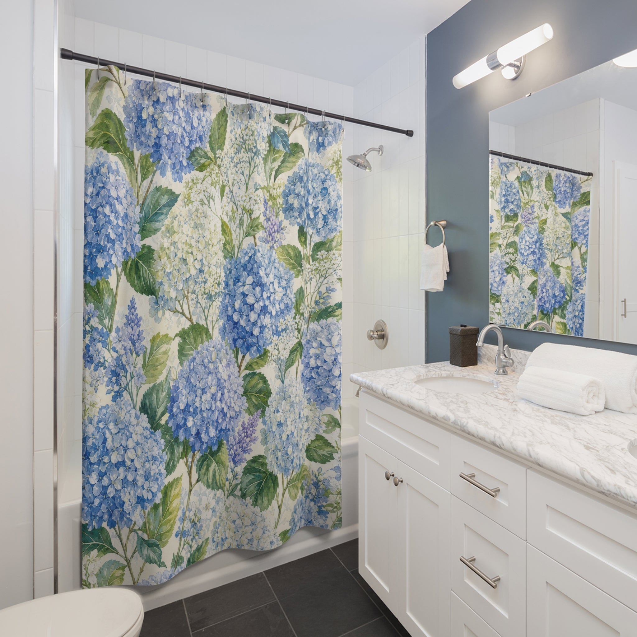 Blue Hydrangea Floral Cottage White Botanical Shower Curtain