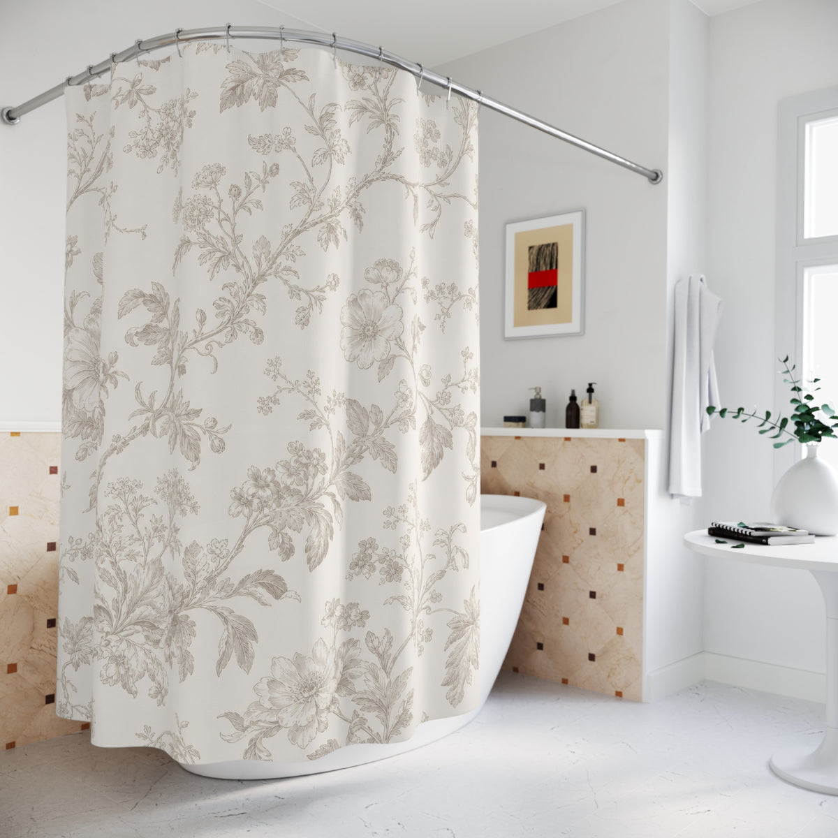 Beige Vine Flower vintage floral shower curtain beside a freestanding tub