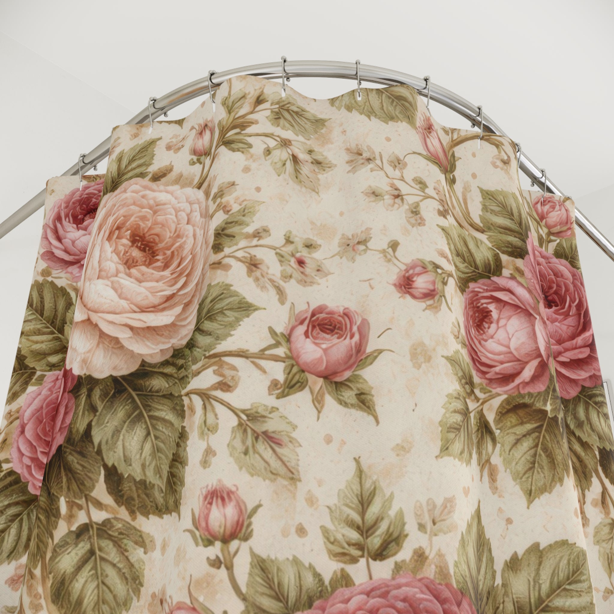 Cottagecore Rose Shower Curtain – Blush & Moss Garden