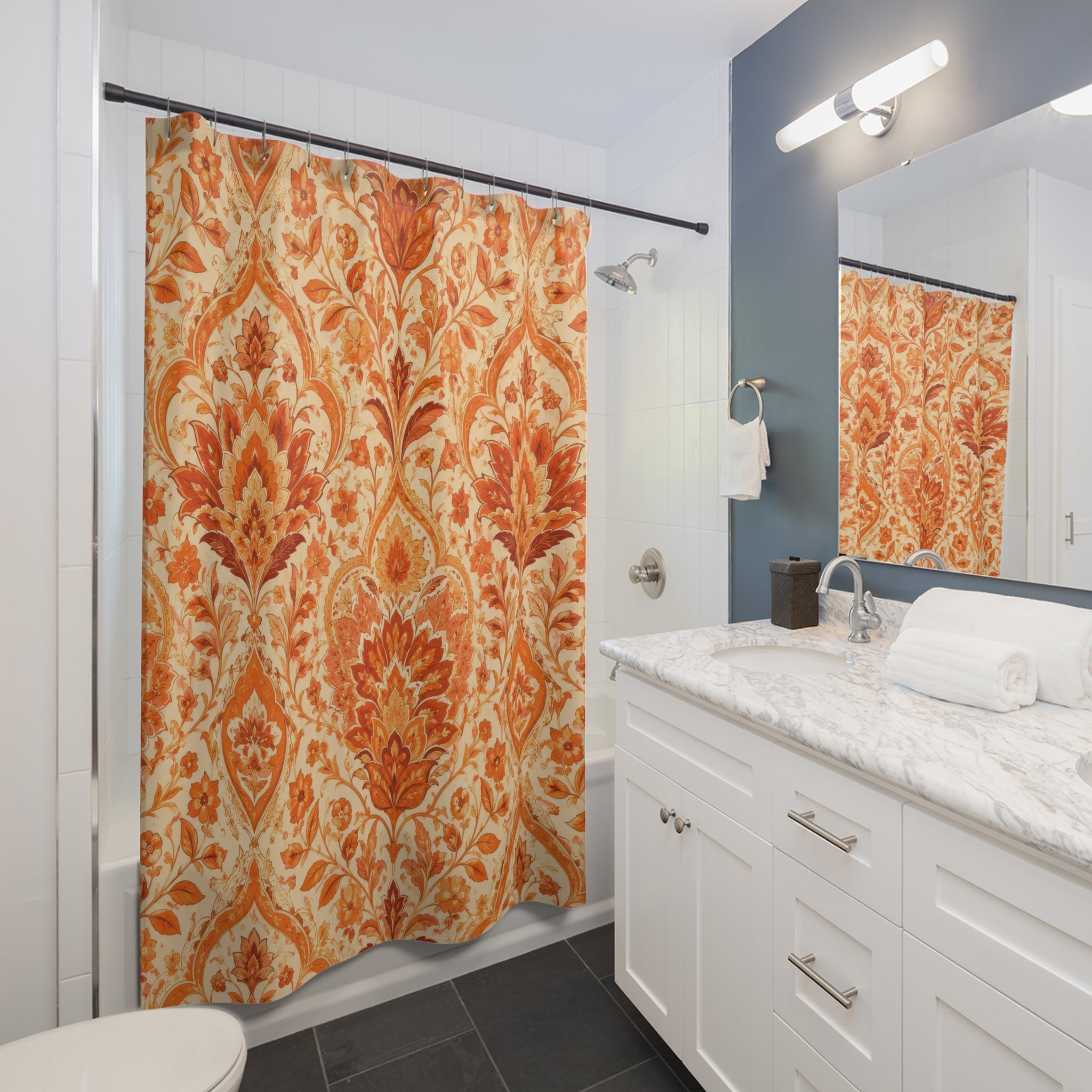 Orange Patterned Shower Curtain: Terracotta Floral Damask