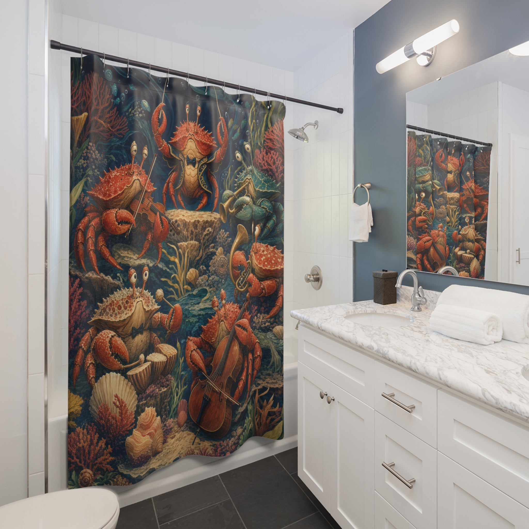 Blue Underwater Crab Orchestra Shower Curtain