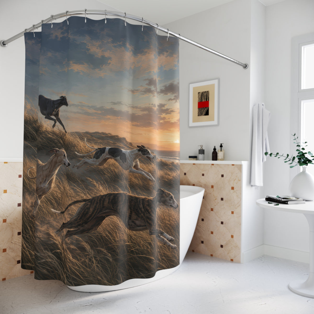 Four whippets racing through golden coastal dunes shower curtain beside a freestanding tub