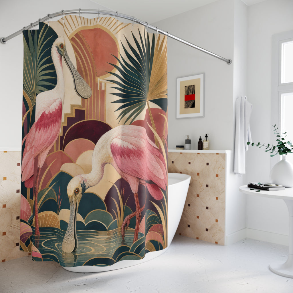 Art Deco Roseate Spoonbill Pair Shower Curtain