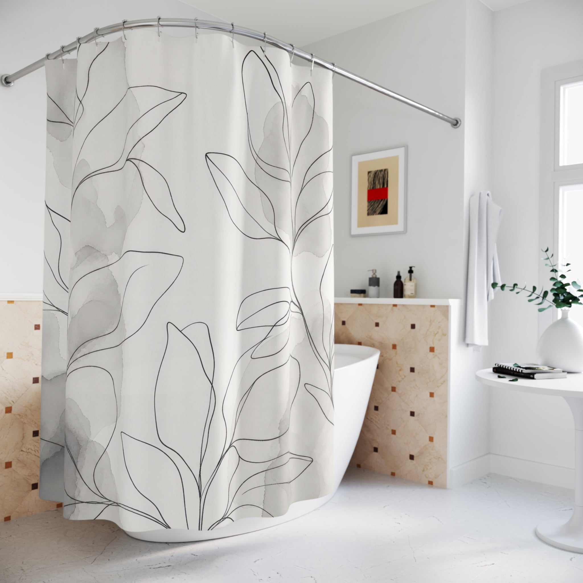 Grey Line Leaf Shower Curtain
