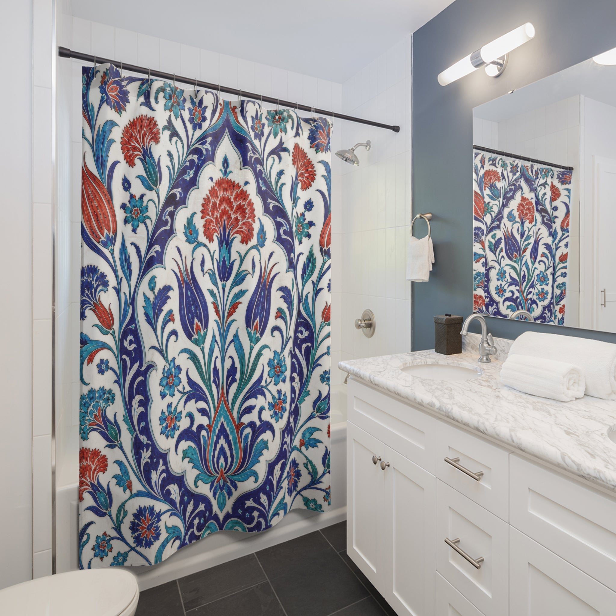 Turkish Shower Curtain: Blue Red Floral Tile