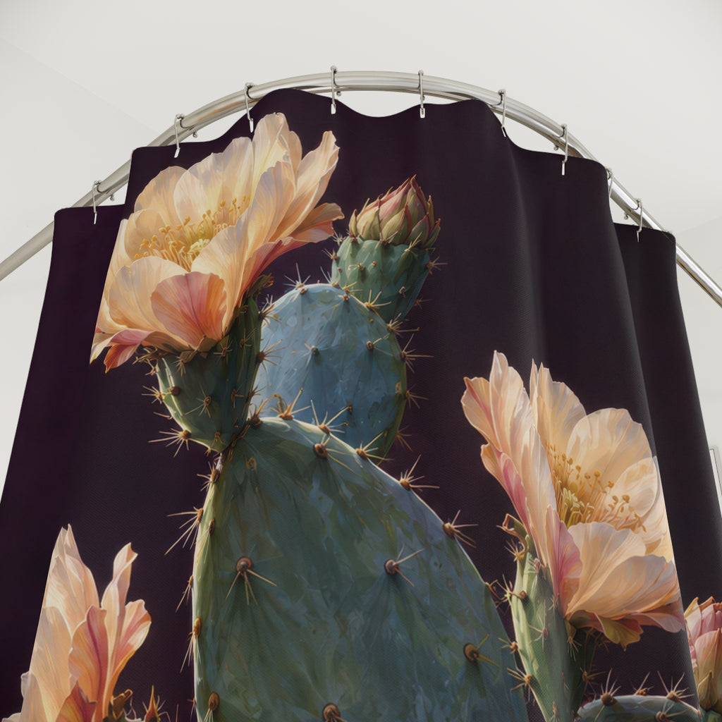 Flowering blue-green prickly pear cactus on plum shower curtain with close-up print, hooks, and folds