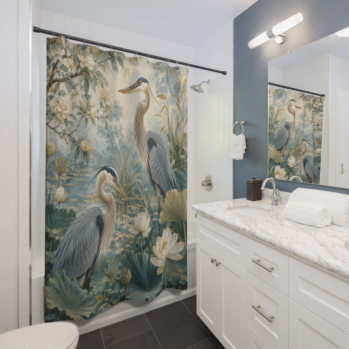 Blue Green Heron Shower Curtain: Lotus Pond Bird