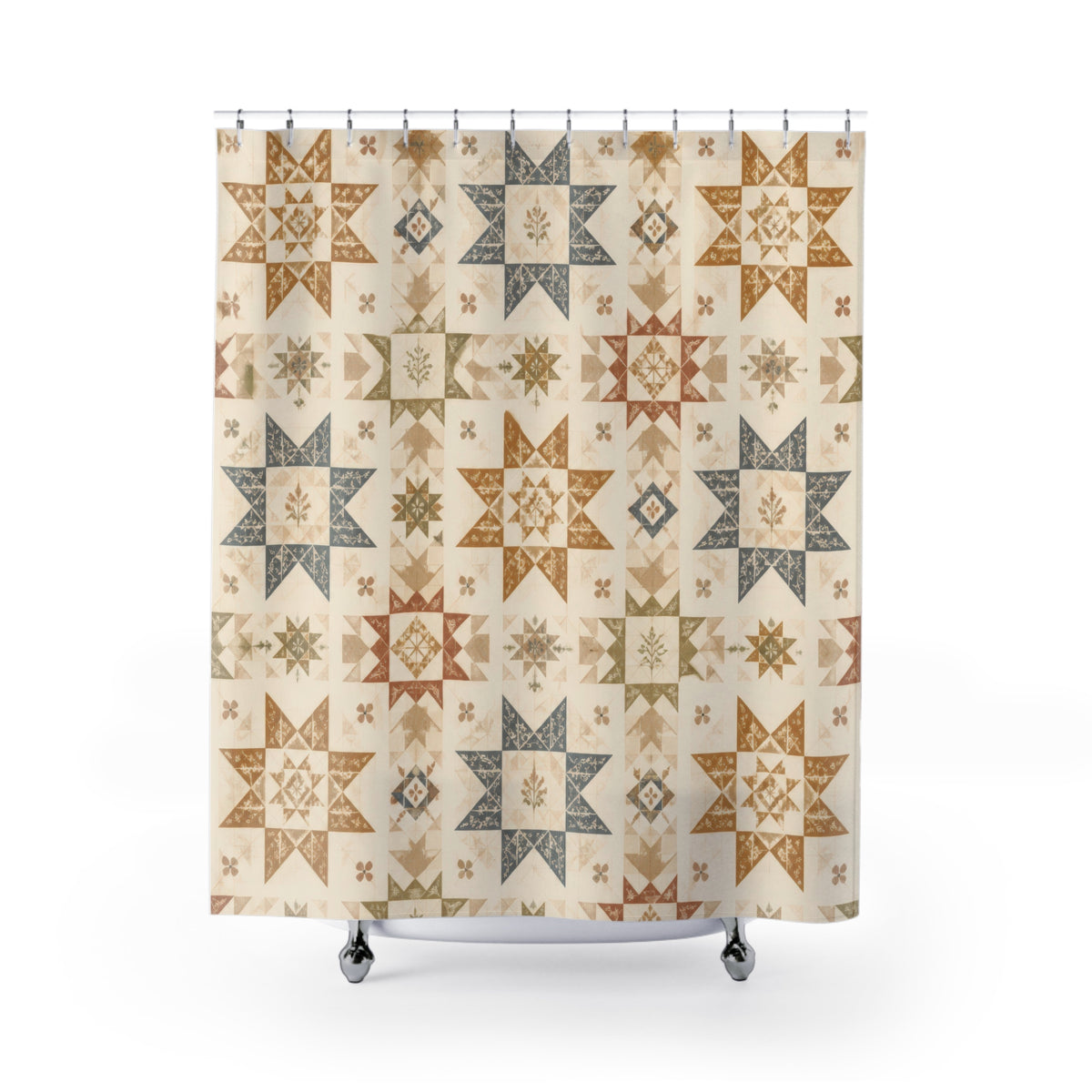 Patchwork Star Quilt Country Farmhouse Blue Folk shower curtain with full front view