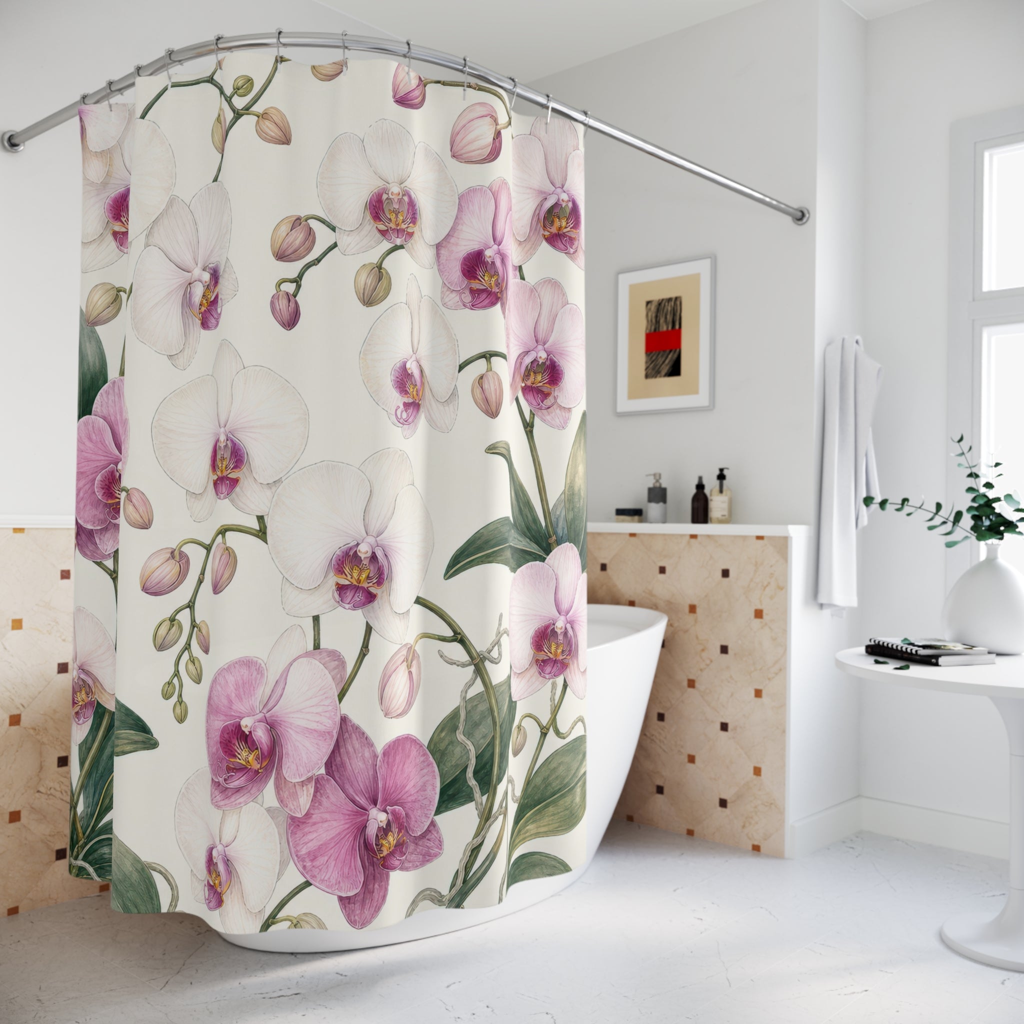 Pink White Floral Botanical Shower Curtain