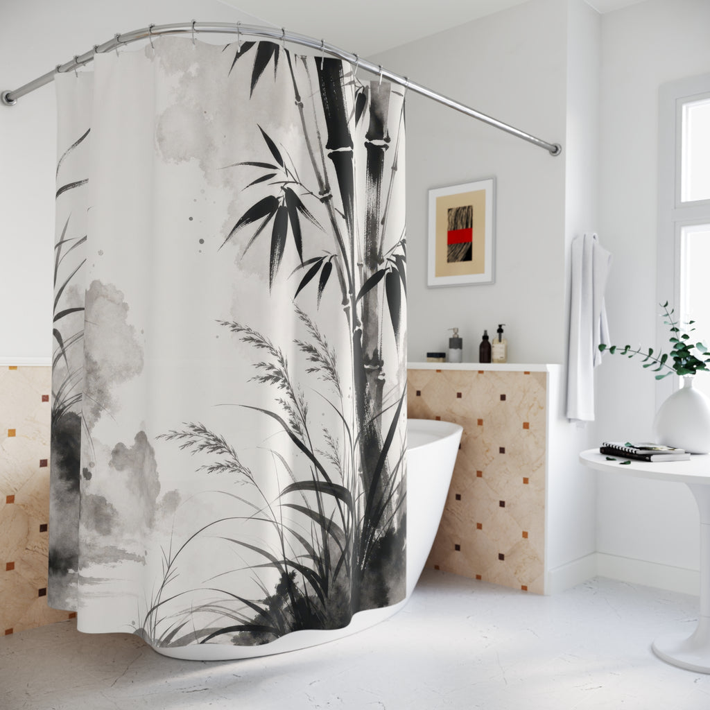 Black White Ink Landscape Shower Curtain