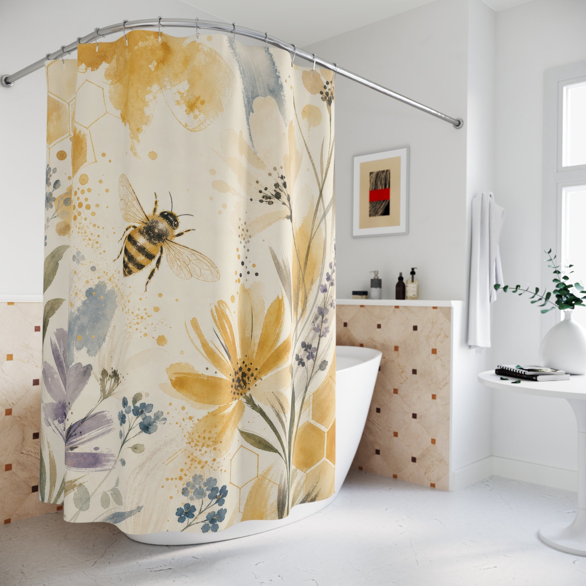 Bee Botanical Yellow Floral Shower Curtain