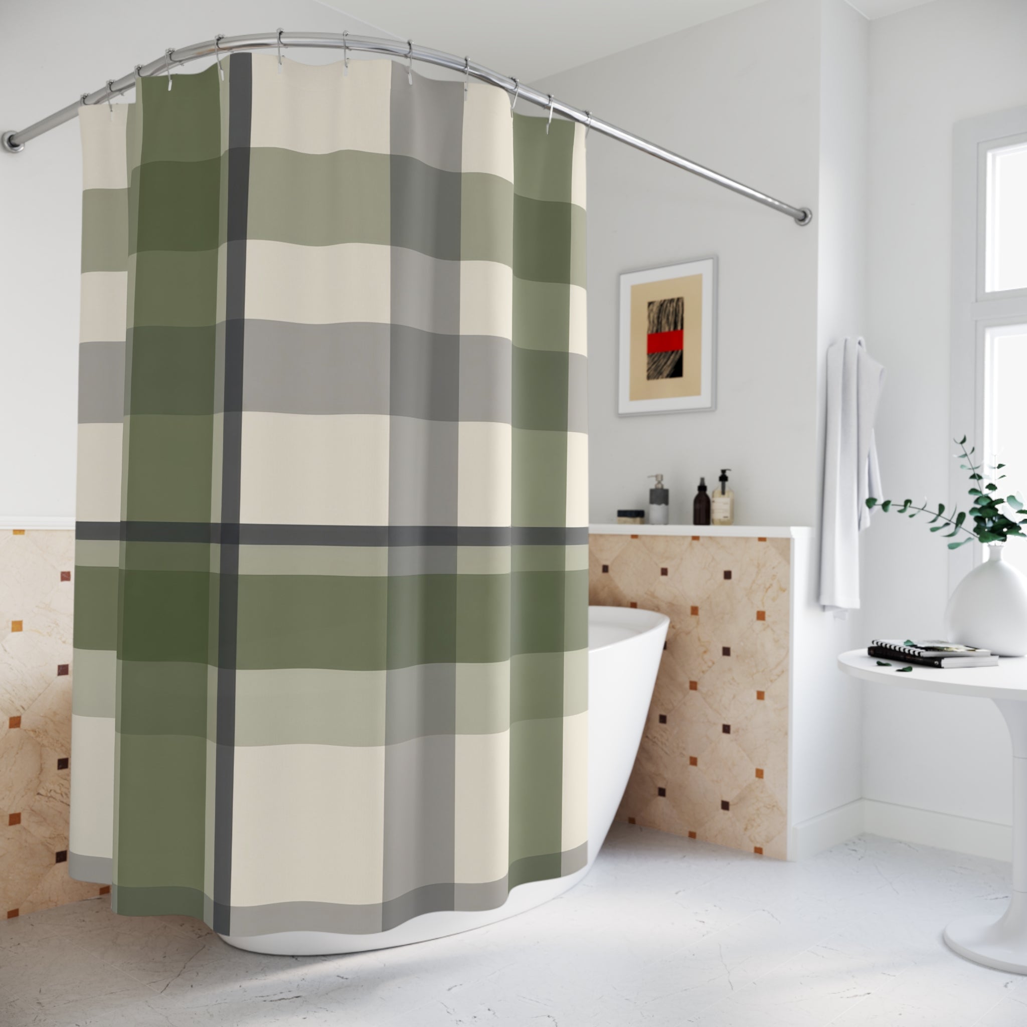 Green Grey Plaid Shower Curtain
