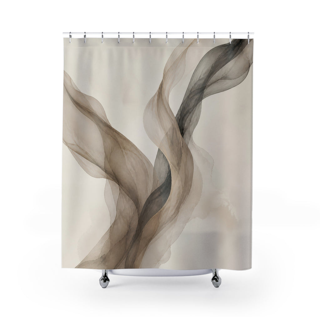 Flowing taupe mushroom and charcoal translucent ribbons shower curtain with full front view