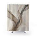 Flowing taupe mushroom and charcoal translucent ribbons shower curtain with full front view