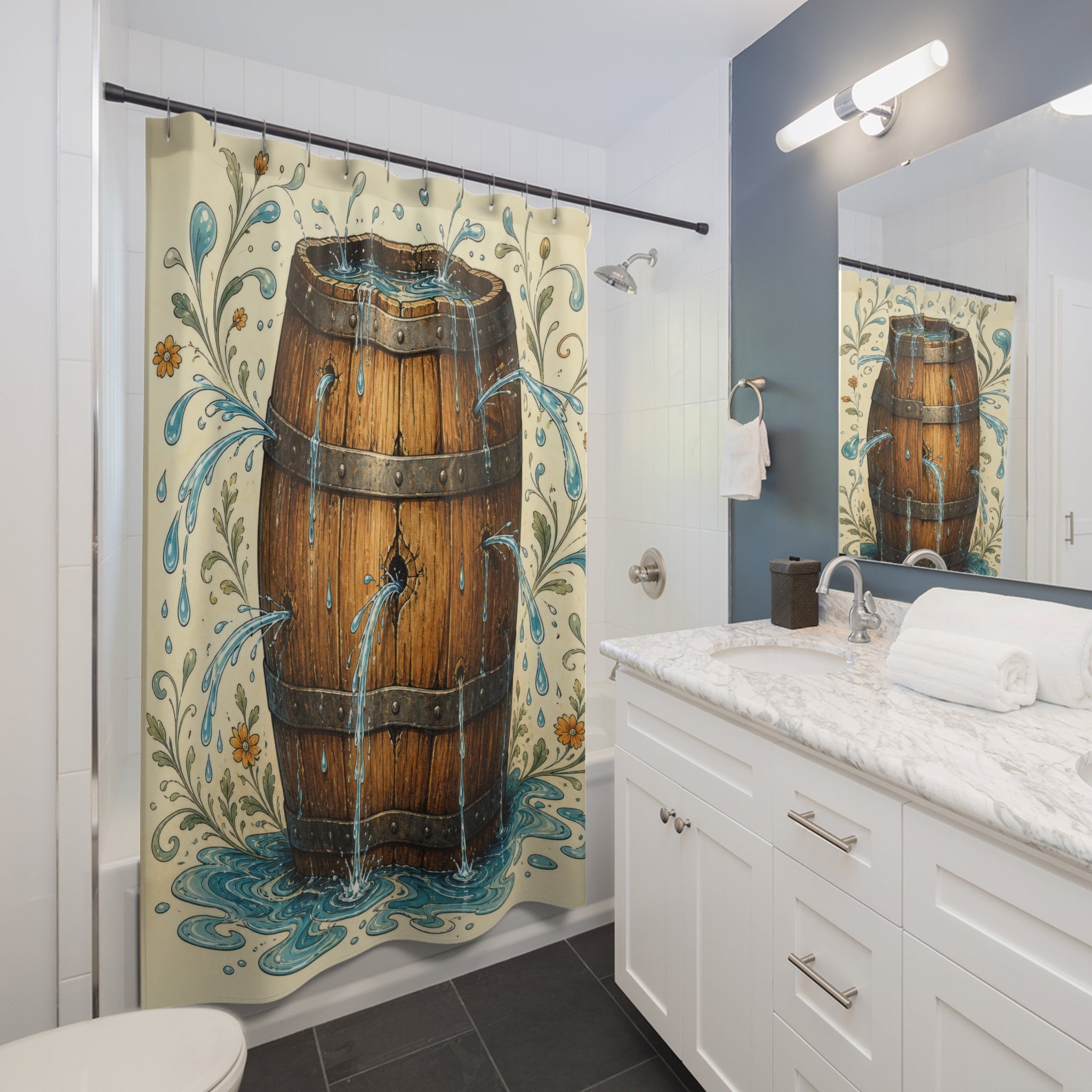 Unique Barrel Shower Curtain, Rustic Water Fountain Art, Blue Folk Floral Bathroom Decor, Farmhouse Guest Bath Rustic Gift For Home